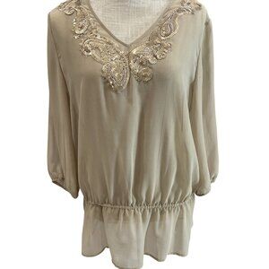 Chicos Beige Sheer Blouse Sequin Embellished Neckline & Cinched Waist Size M